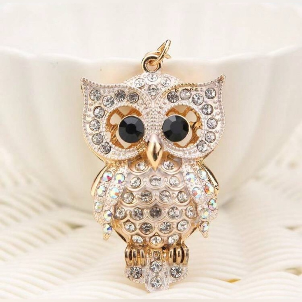 White Rhinestone Owl Purse Charm / Keychain in Gold Tone. Makes a great gift!